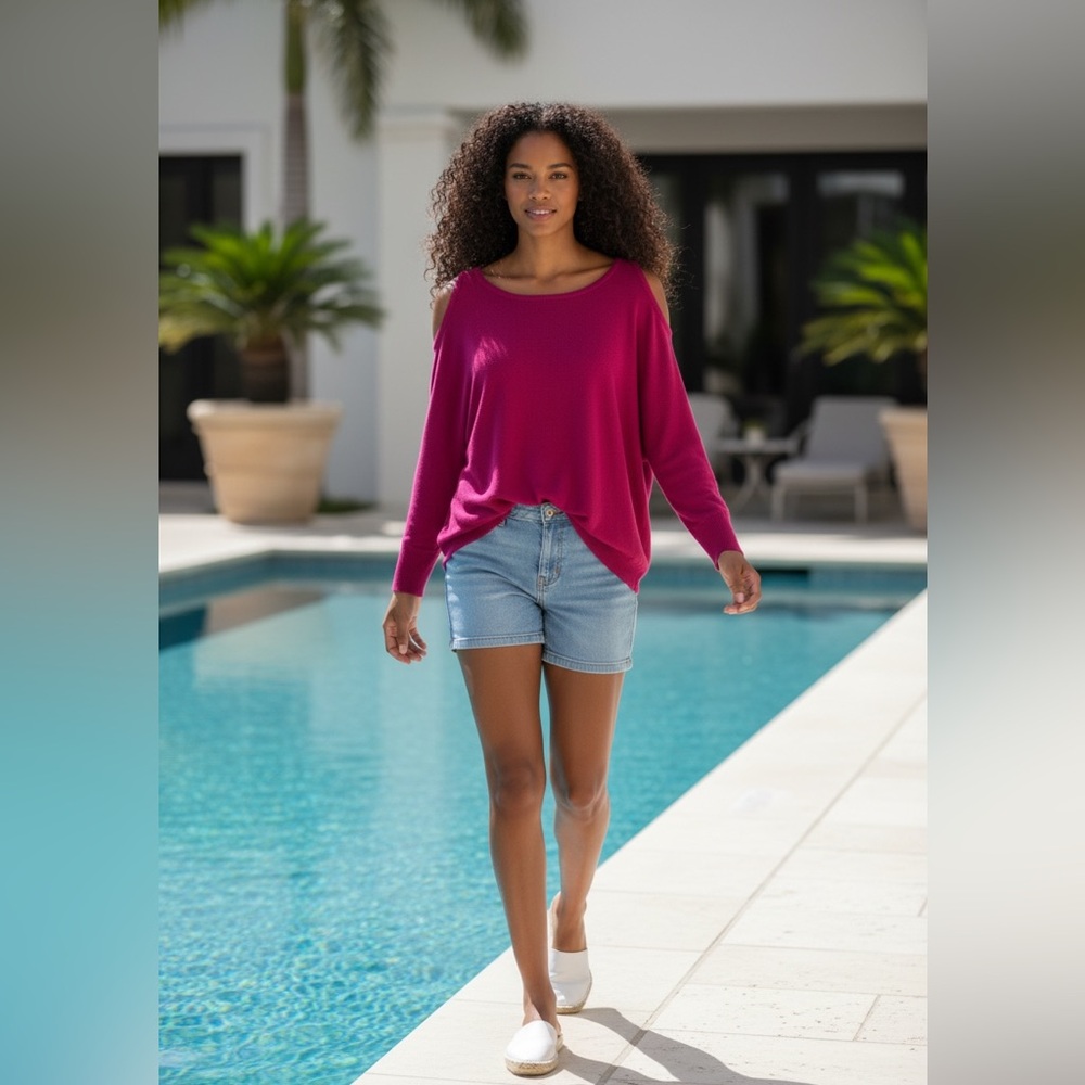 INC Vibrant Pink Wool & Angora Blend Knit Sweater Top Cold Shoulder M